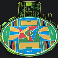 Interactive Sports Zone With Round Court Multi Sports Colorful Sections And Basketball Area