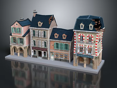 Residential Building Models with Various Colors Sloped Roofs Arched Doors and Colorful Facades 3d model
