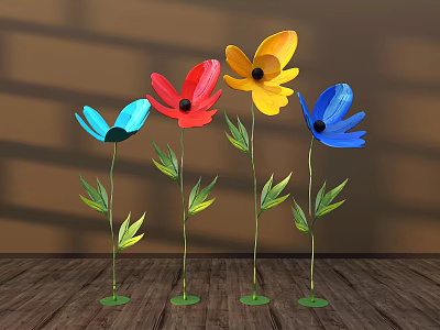 Vibrant Metal Flower Art Display with Green Leaves for Indoor Decor 3d model
