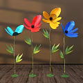 Vibrant Metal Flower Art Display with Green Leaves for Indoor Decor