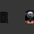 Retro Black And Orange Train Locomotive With Carriage On Reflective Surface