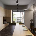 Modern Restaurant Interior Featuring Open Kitchen Wooden Cabinets And Green Plants Decor