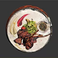 Juicy Roasted Lamb Chops Served on White Plate With Fresh Greens and Herb Sauce