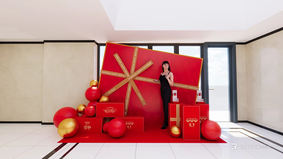 Commercial Display Equipment For Promotional Use With Large Red Gift Box Golden Bow And Decorations 3d model 