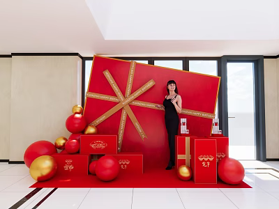 Commercial Display Equipment For Promotional Use With Large Red Gift Box Golden Bow And Decorations 3d model