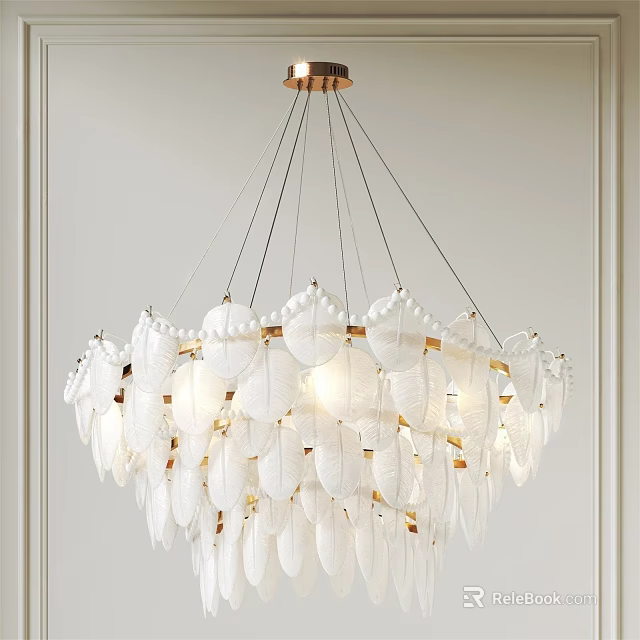 Elegant White Feather Shaped Chandelier With Golden Accents Hanging In Modern Interior 3d model 