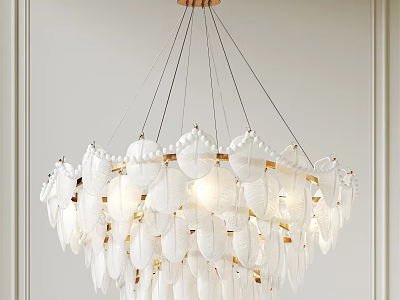Elegant White Feather Shaped Chandelier With Golden Accents Hanging In Modern Interior 3d model