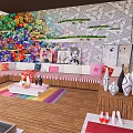 Stylish Courtyard Garden With Lotus Pond Wooden Flooring And Colorful Decorative Wall