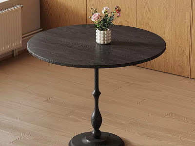 Round Black Dining Table With White Vase And Colorful Flowers On Wooden Floor 3d model