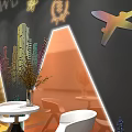Modern Interior Design With Colorful Table And Chair Sets Neon Decorations And City Silhouettes
