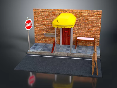 Street Storefront Scene With Brick Wall Yellow Awning Red Door Stop Sign And Table 3d model
