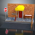 Street Storefront Scene With Brick Wall Yellow Awning Red Door Stop Sign And Table