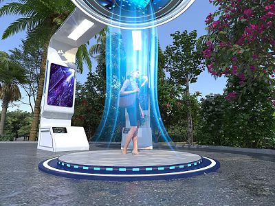 Futuristic Platform With Blue Light Beams Surrounded By Palm Trees And Pink Flowers 3d model
