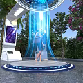 Futuristic Platform With Blue Light Beams Surrounded By Palm Trees And Pink Flowers
