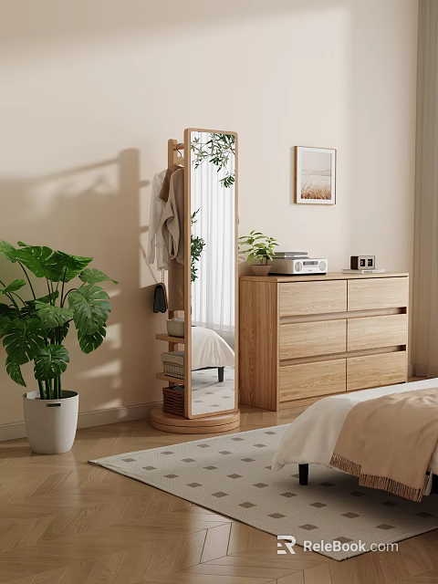 Modern Minimalist Clothes Hanger with Mirror and Wooden Dresser in Bedroom with Green Plant 3d model 