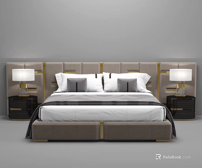 Elegant Double Bed with Gray Upholstered Headboard Gold Accents Nightstands Table Lamps and Pillows 3d model 