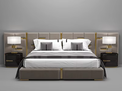 Elegant Double Bed with Gray Upholstered Headboard Gold Accents Nightstands Table Lamps and Pillows 3d model