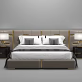 Elegant Double Bed with Gray Upholstered Headboard Gold Accents Nightstands Table Lamps and Pillows