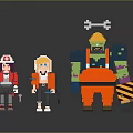 Pixelated Human Characters and Green Monster with Hats Holding Weapons 3d model