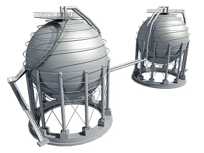 Industrial Storage Tanks Two Units With Metal Structure Staircase And Connecting Pipes 3d model