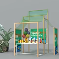 Stylish Green Gold Exhibition Booth With Balloons Plants And Display Shelves