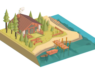 Modern Cartoon Building Isometric Room Island Conifer Cottage 3d model