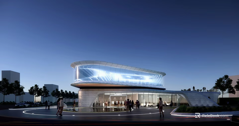 Modern Commercial Complex With Curved Glass Facade Lighting Effects And Pedestrian Activity 3d model