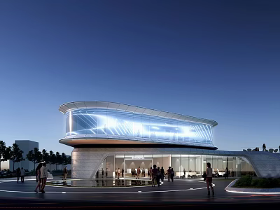 Modern Commercial Complex With Curved Glass Facade Lighting Effects And Pedestrian Activity 3d model