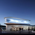 Modern Commercial Complex With Curved Glass Facade Lighting Effects And Pedestrian Activity 3d model