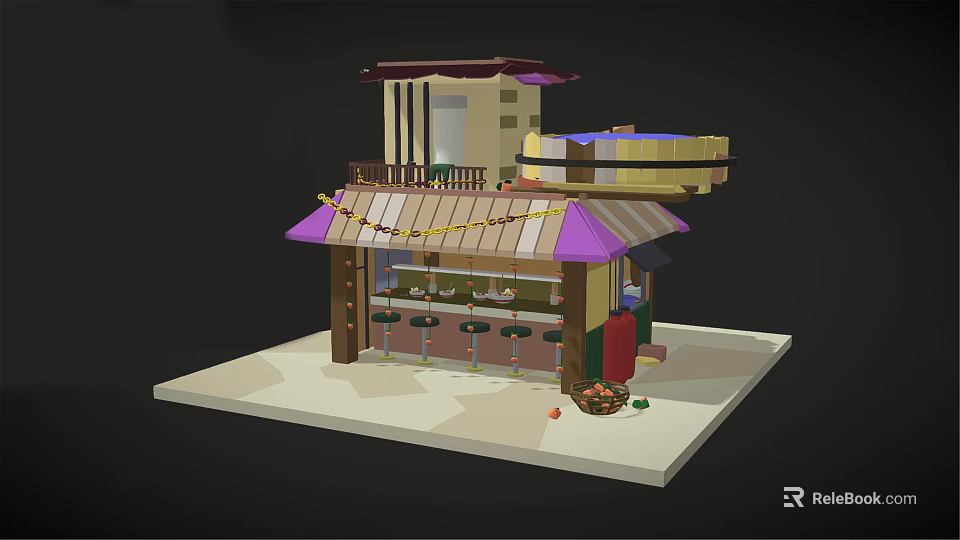 Cartoon Scene Of Two Story Building With Purple Roof Bar Seats String Lights And Balcony 3d model 