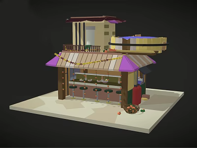 Cartoon Scene Of Two Story Building With Purple Roof Bar Seats String Lights And Balcony 3d model