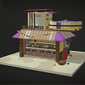 Cartoon Scene Of Two Story Building With Purple Roof Bar Seats String Lights And Balcony