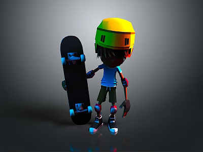 Colorful Cartoon Character Wearing Yellow Green Helmet Holding Black Skateboard On Gray Background 3d model