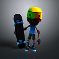 Colorful Cartoon Character Wearing Yellow Green Helmet Holding Black Skateboard On Gray Background