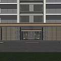Elegant Modern Residential Building With Glass Curtain Walls Balconies Stone Entrance And Landscaped Walkways 3d model