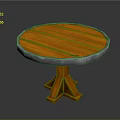 Round Wooden Tabletop With Silver Metal Edge And Cross Structure Wooden Legs