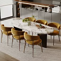 Modern Oval Dining Table Set With Marble Top And Six Yellow Velvet Chairs