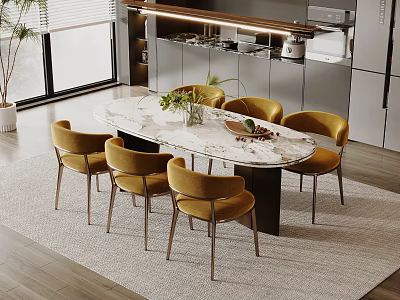 Modern Oval Dining Table Set With Marble Top And Six Yellow Velvet Chairs 3d model