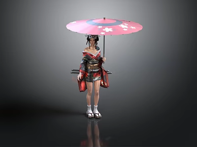 Anime Style Samurai Character In Traditional Outfit With Pink Cherry Blossom Umbrella 3d model
