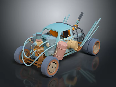 Unique Light Blue Vintage Car With Exposed Mechanical Parts And Large Wheels 3d model
