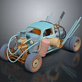 Unique Light Blue Vintage Car With Exposed Mechanical Parts And Large Wheels