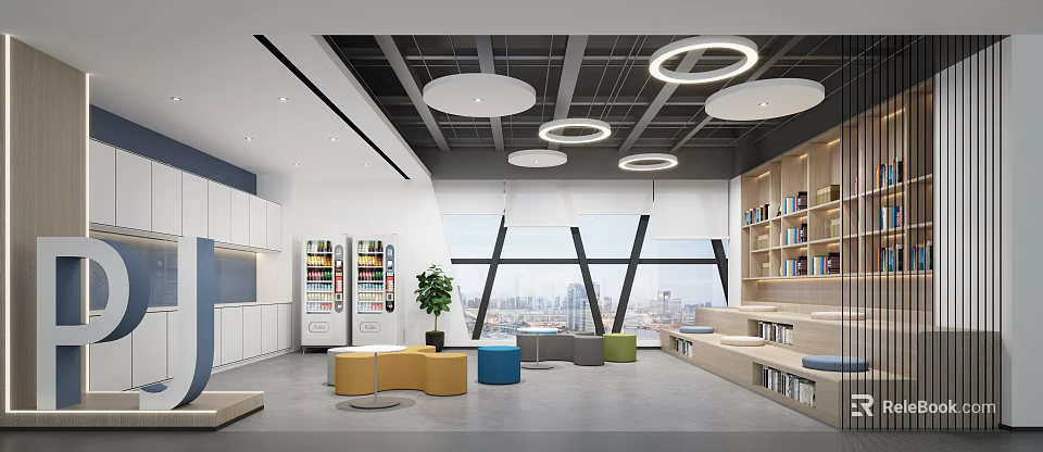 Modern Library Art Space With Colorful Seats And Bookshelves 3d model 