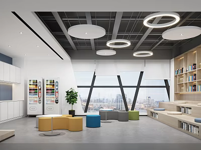 Modern Library Art Space With Colorful Seats And Bookshelves 3d model