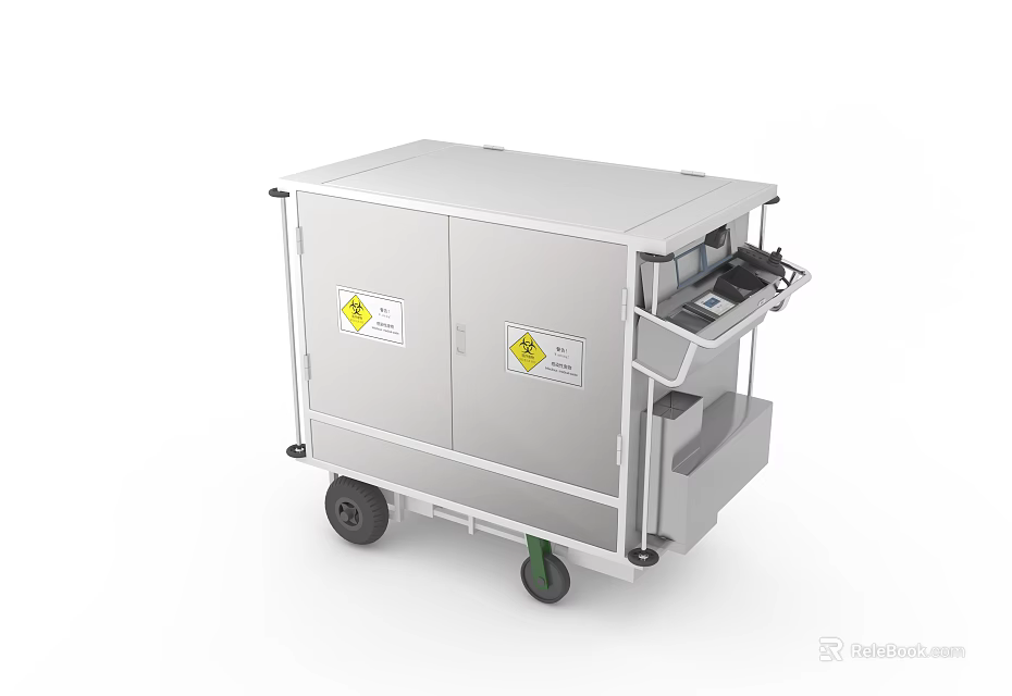 Stainless Steel Medical Equipment Cart With Wheels Cabinet Doors Warning Labels And Control Panel 3d model 