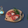 Fresh Raw Steaks on Wooden Cutting Board with Knife Fresh Thyme and Olive Oil