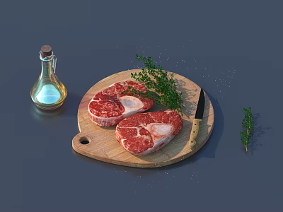 Fresh Raw Steaks on Wooden Cutting Board with Knife Fresh Thyme and Olive Oil 3d model