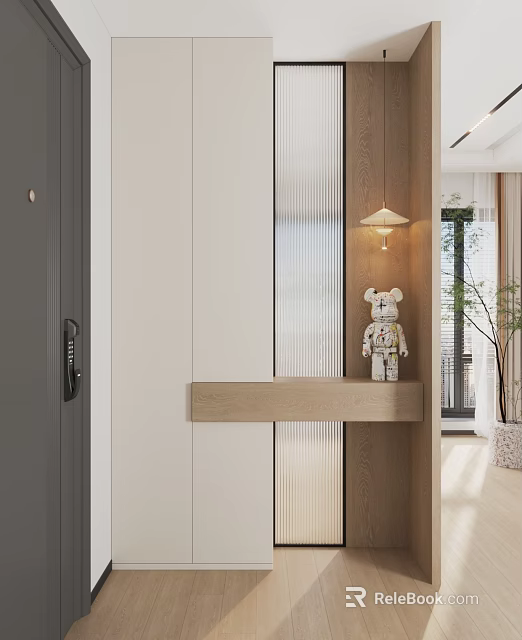 Modern Wooden Partition With Vertical Glass Stripes Wooden Shelf Bear Decoration And Hanging Light Interior 3d model 