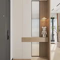 Modern Wooden Partition With Vertical Glass Stripes Wooden Shelf Bear Decoration And Hanging Light Interior