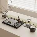 Minimalist Modern Tea Set with Tray Teapot Cups Spoon on Window Sill and Simple Decor