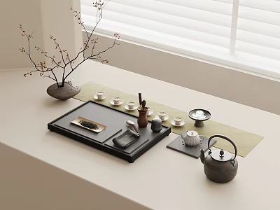 Minimalist Modern Tea Set with Tray Teapot Cups Spoon on Window Sill and Simple Decor 3d model